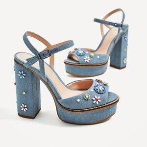 Zara Denim Platform Heels with Flower Studs